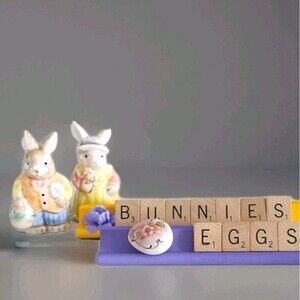 Vintage Boy & Girl Gardening Bunny Figurines Ceramic Glazed 3" Scrabble Tiles